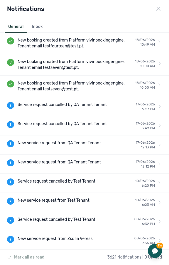 Dashboard — notifications bell slide-over open with scrollable history and Mark all as read
