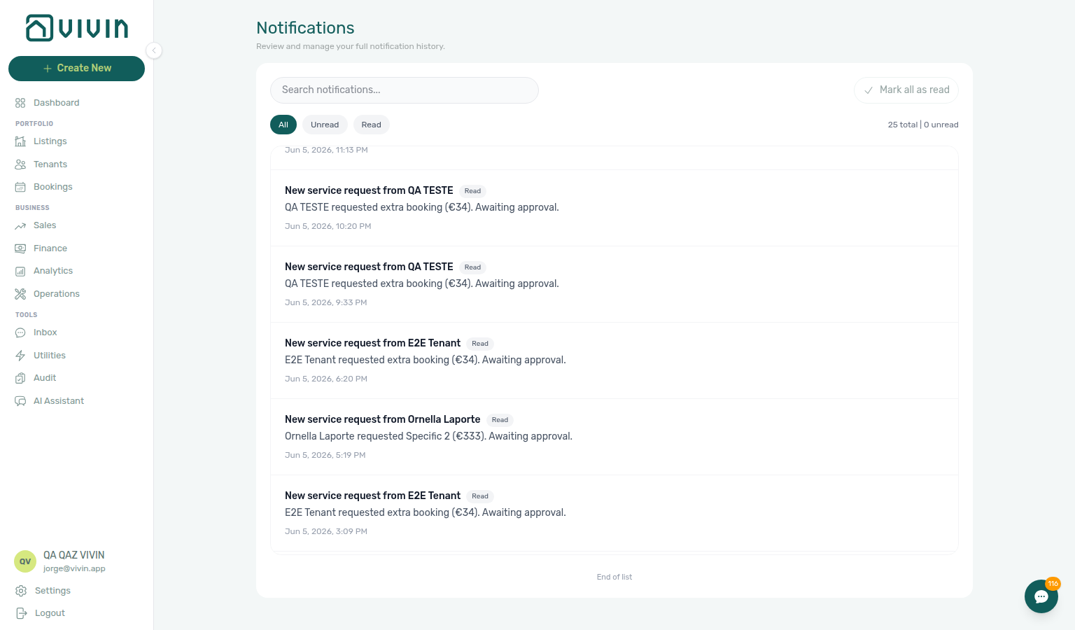 Notifications module — full history scrolled to the end with the End of list marker