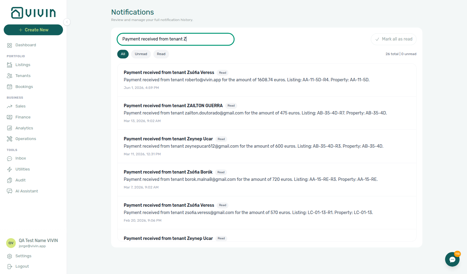 Notifications module — full history at /notifications with All filter, search, and totals line