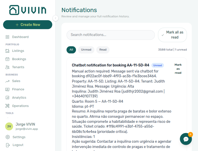 Notifications module — full history at /notifications with All filter, search, and totals line