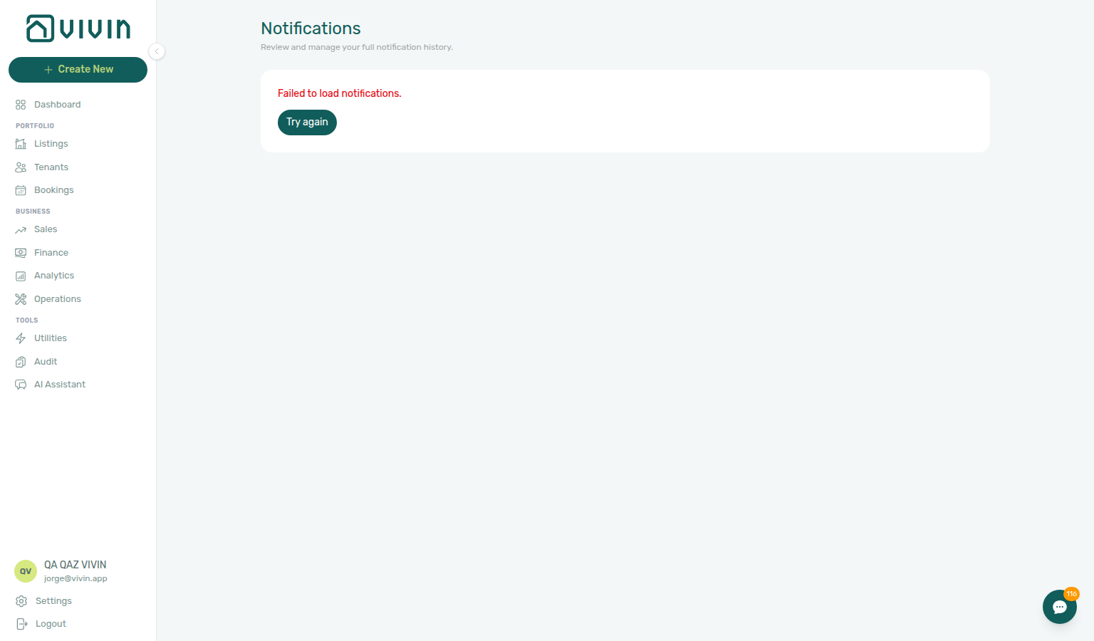 Notifications module — initial load failure with Try again control