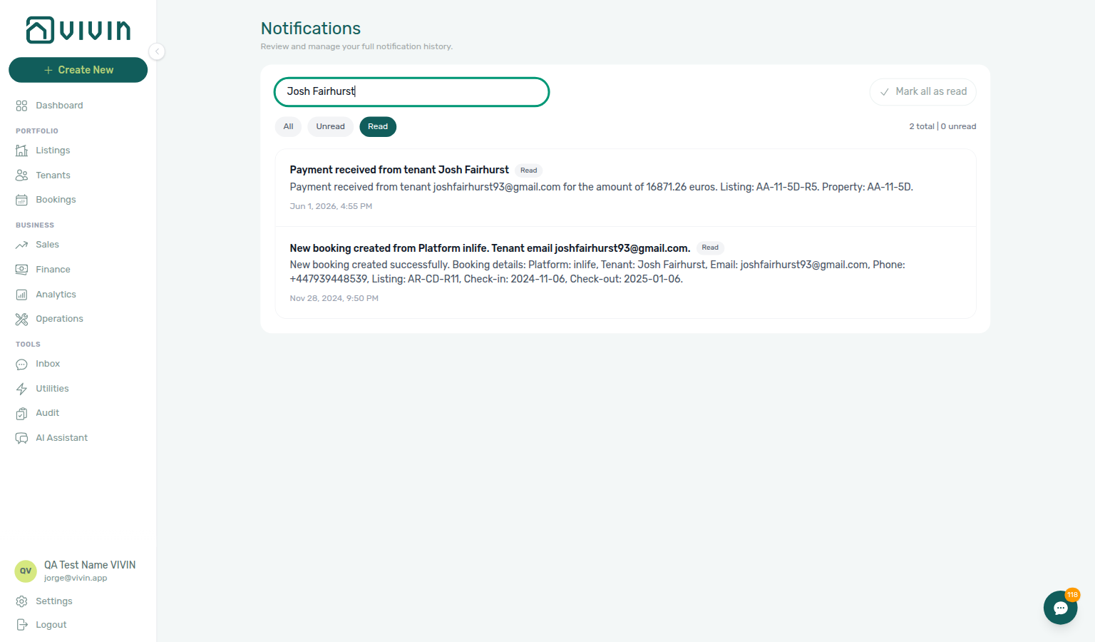 Notifications module — Read filter with Payment received and booking rows for one tenant