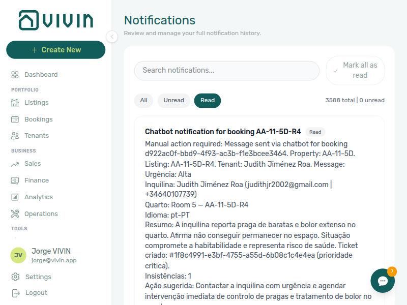 Notifications module — Read filter with read-only rows and totals line