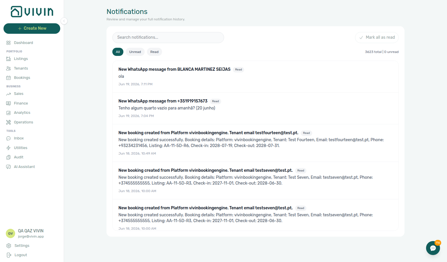 Notifications module — inbox row ready to open the related booking