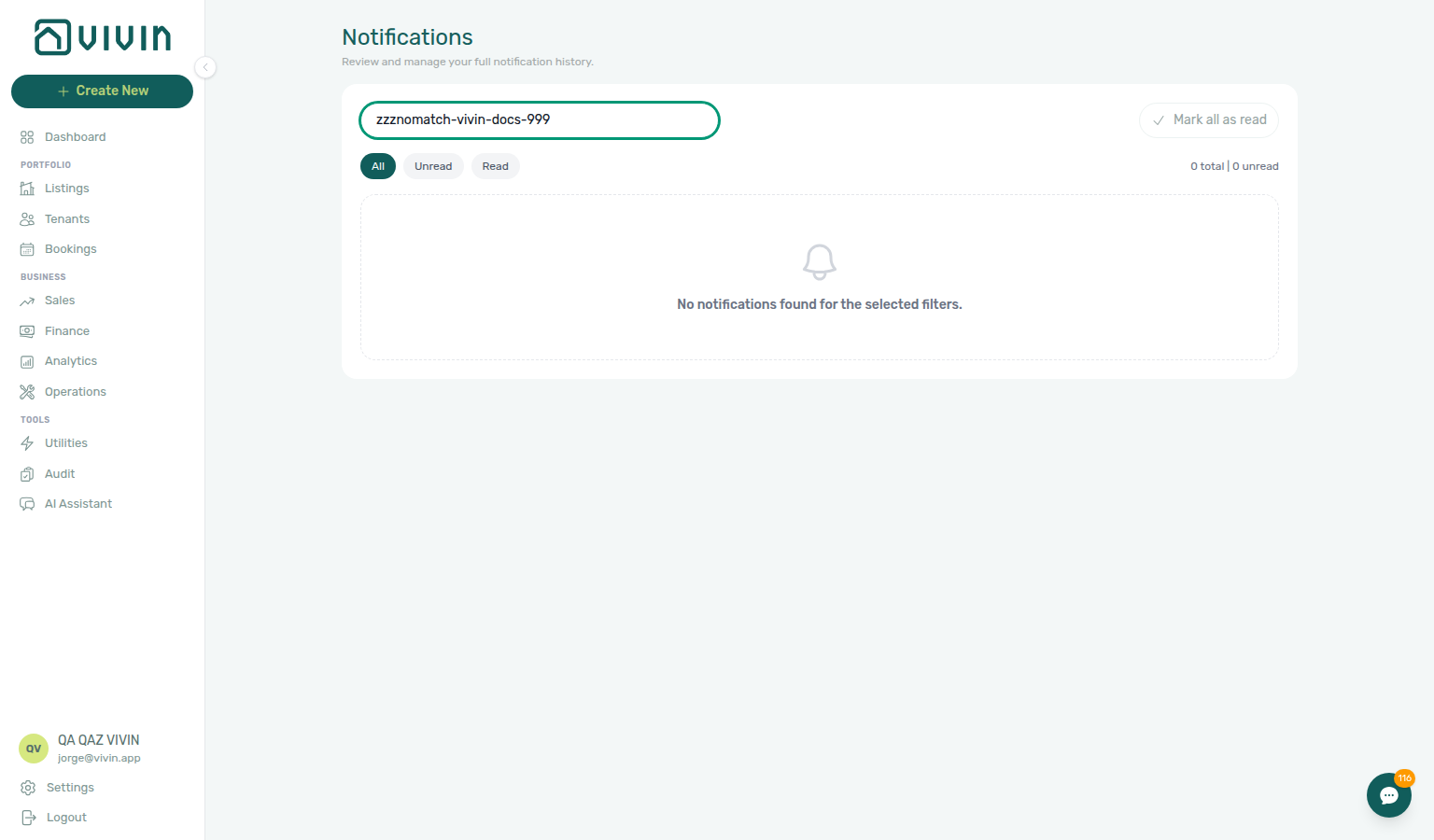 Notifications module — empty state after search with no matching rows