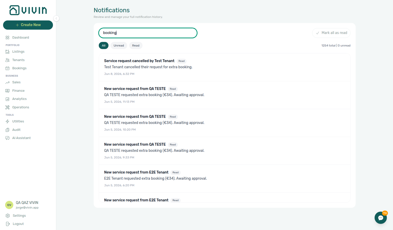 Notifications module — All filter with search text narrowing the list