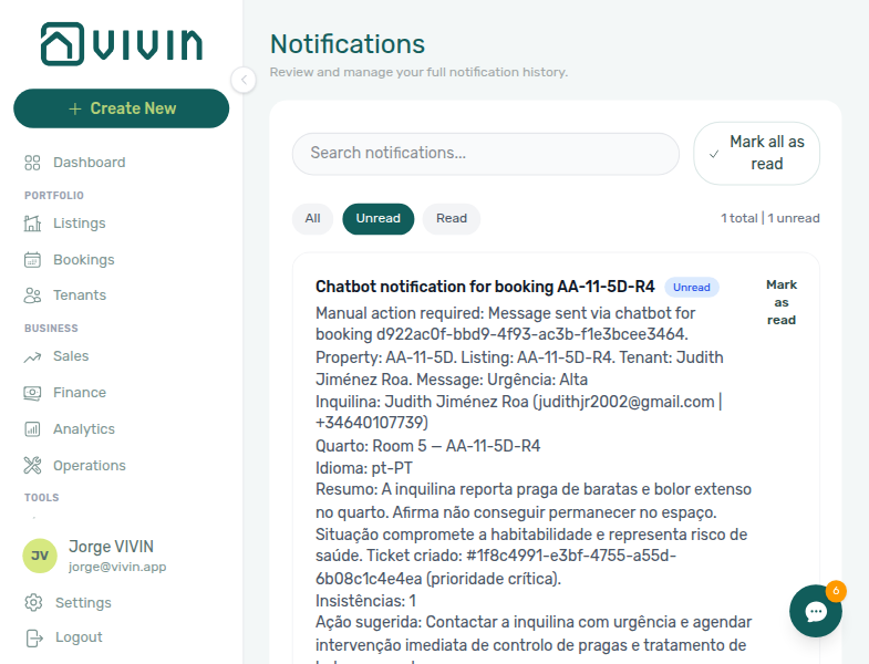 Notifications module — Unread filter