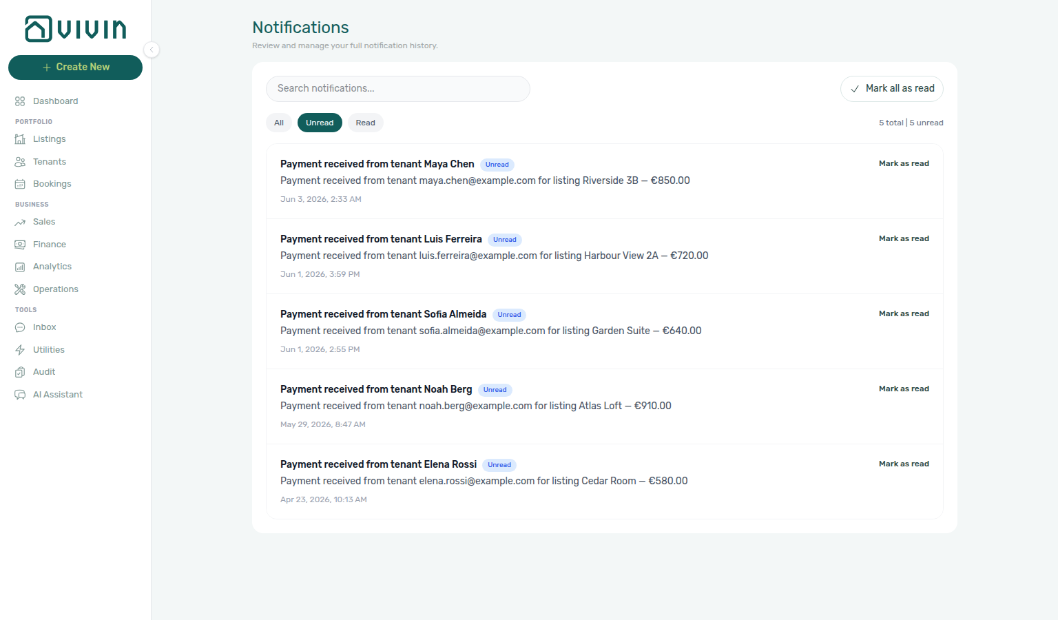 Notifications module — Unread filter with Payment received rows