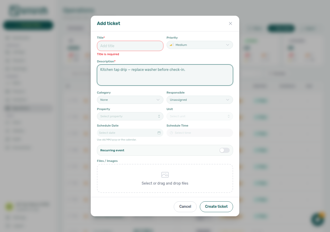 Add ticket modal — Title is required validation after Create ticket with an empty title