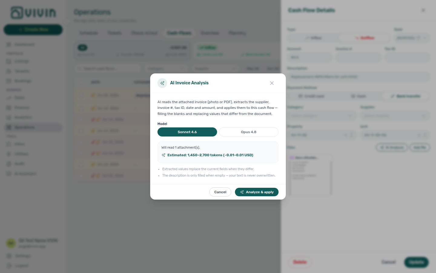 Operations — AI Invoice Analysis modal with model choice and cost estimate