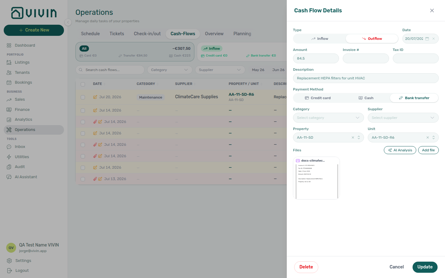 Operations — Cash Flow Details sidebar with AI Analysis on an attached supplier invoice