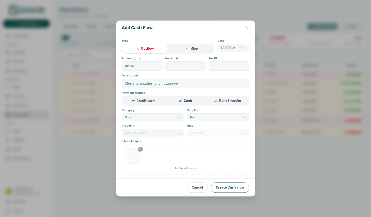 Operations — Add Cash Flow modal after attaching a receipt (thumbnail preview, Tap to add more)
