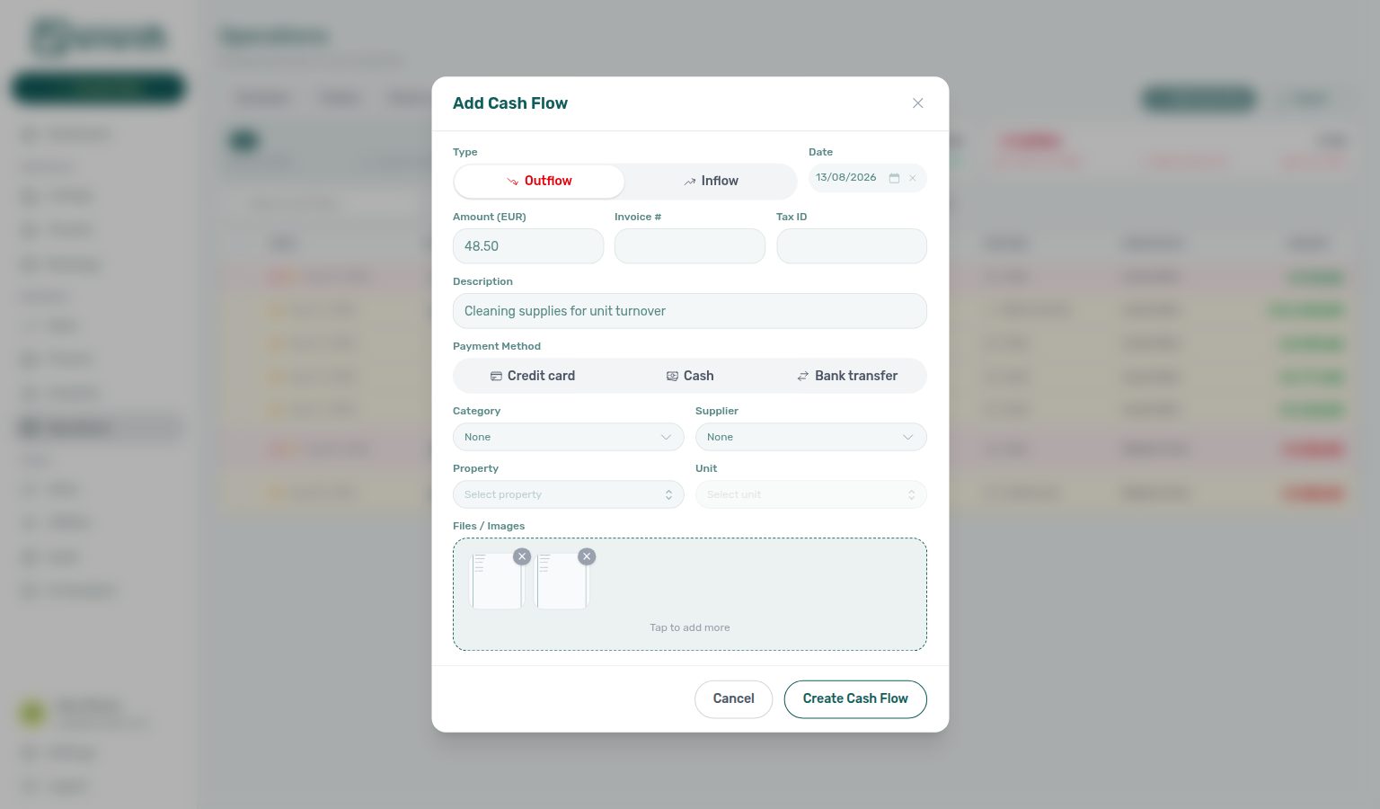 Operations — Add Cash Flow dropzone highlight while dragging a file over Files / Images