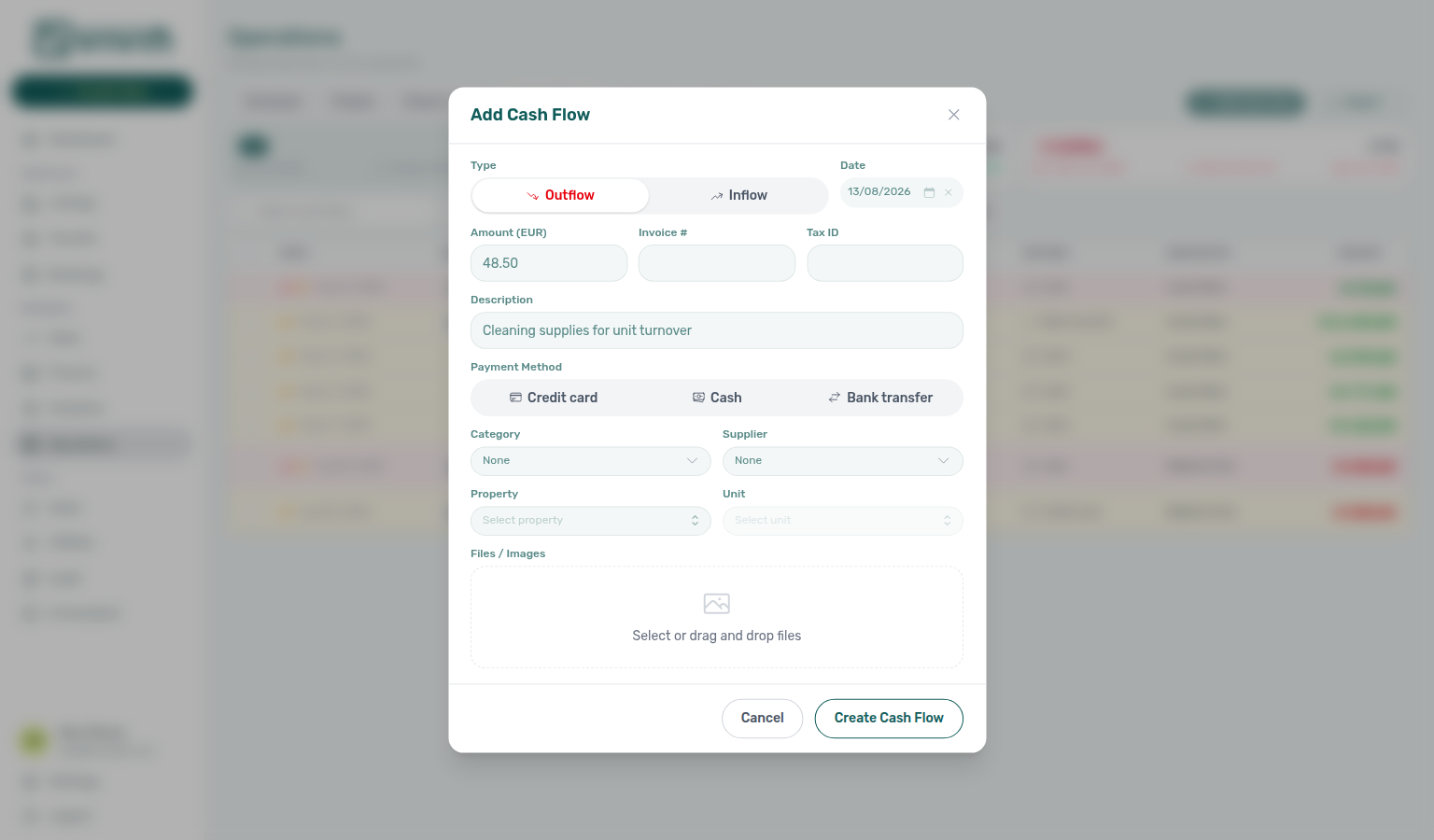 Operations — Add Cash Flow modal with empty Files / Images dropzone