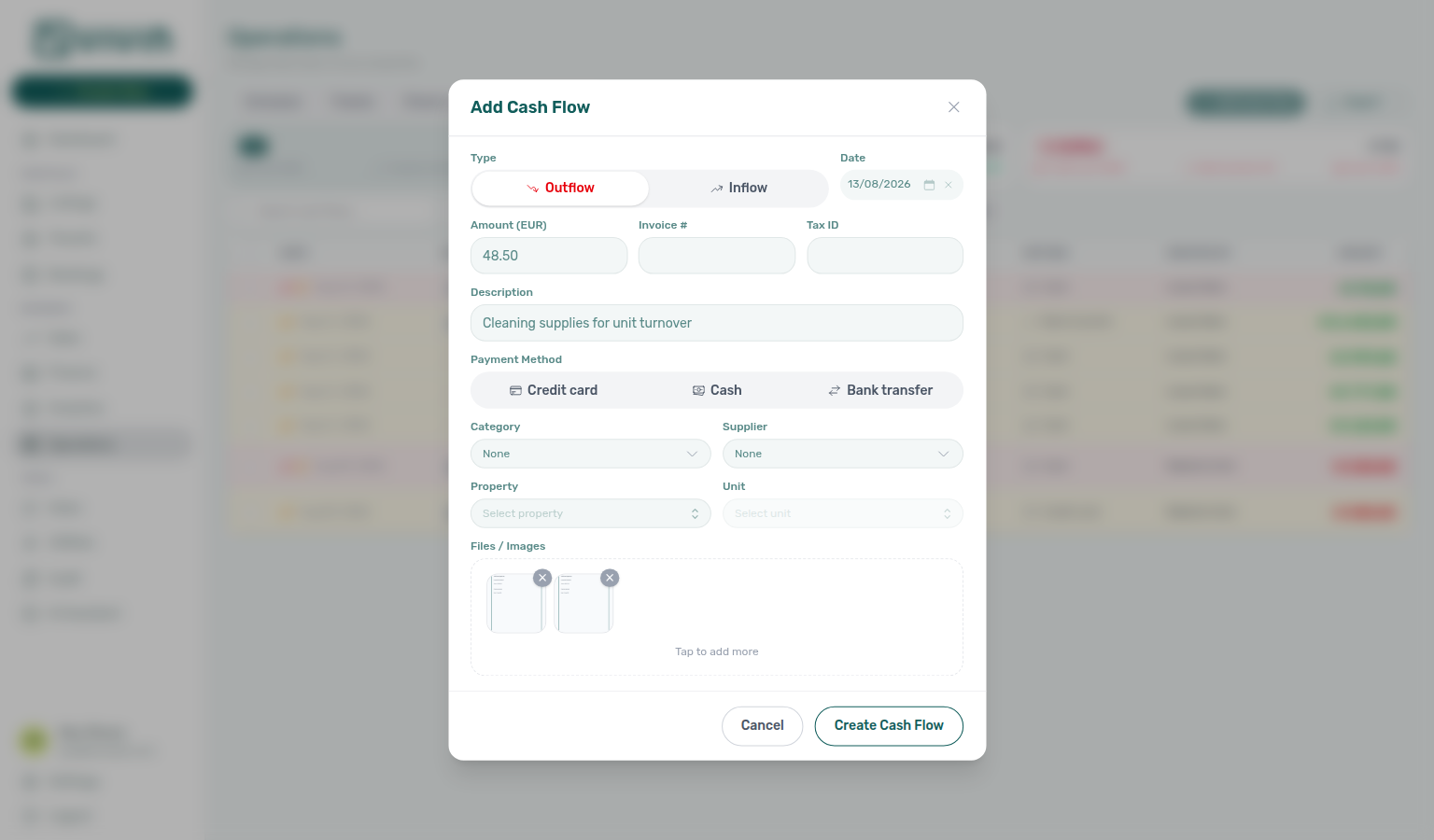 Operations — Add Cash Flow with two receipt thumbnails and Tap to add more