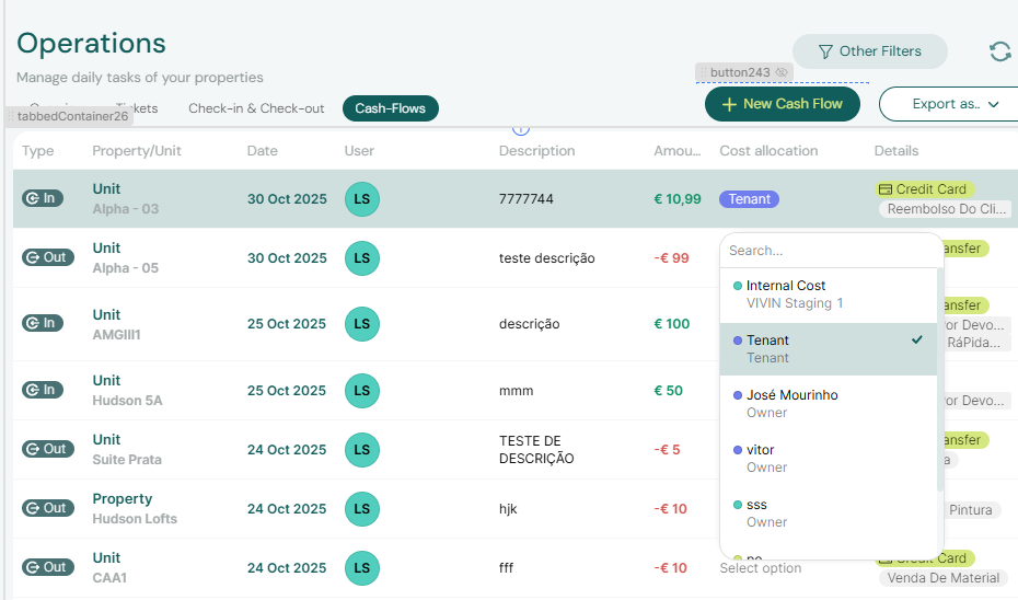 Cash Flows Cost Allocation Dropdown