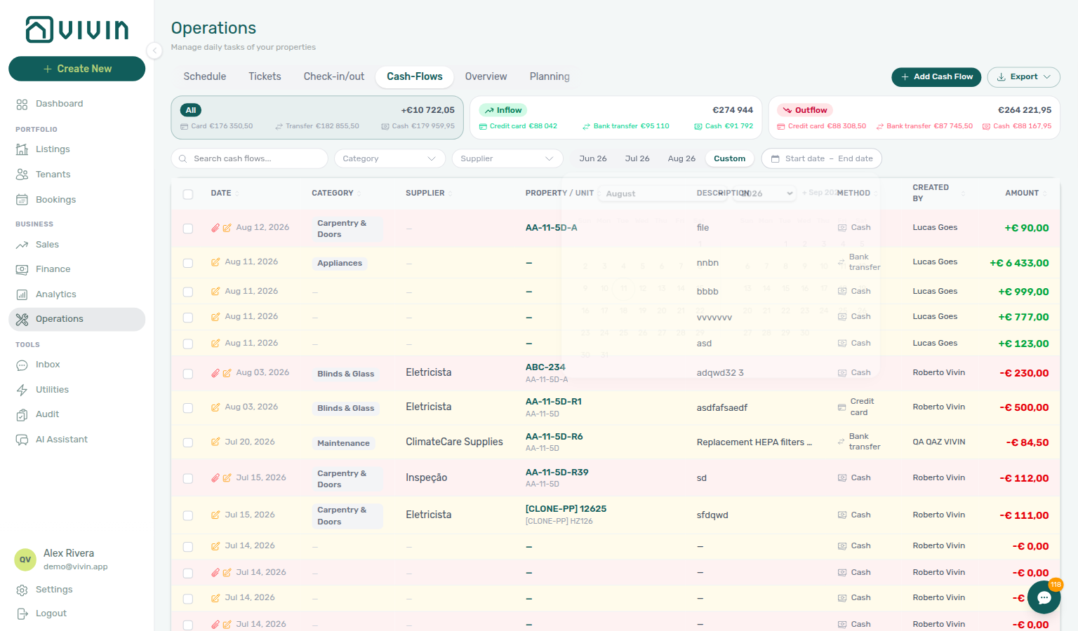Operations Cash Flows — Custom selected with empty Start date / End date before picking a range