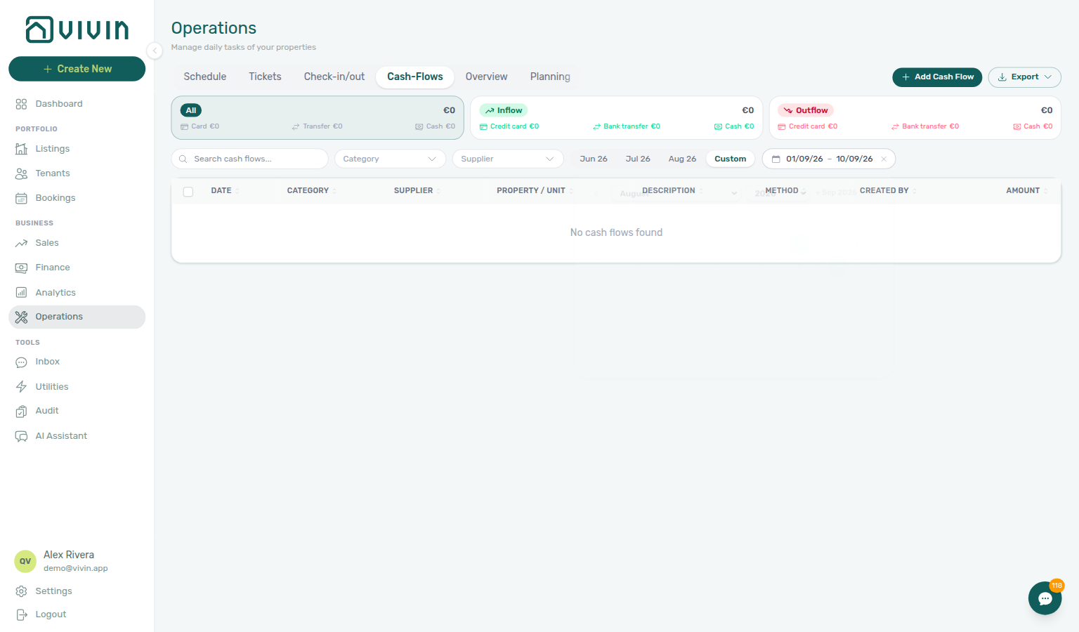 Operations Cash Flows — Custom range applied on the toolbar (from–to dates)
