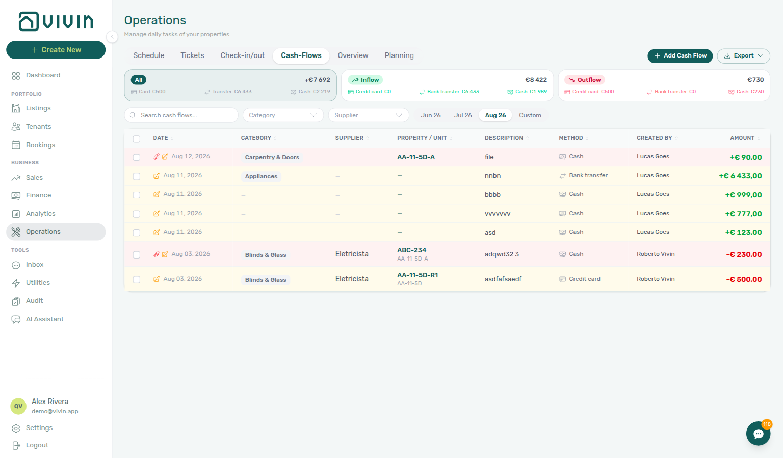 Operations Cash Flows — month chips, Custom, Category, and Supplier on the toolbar
