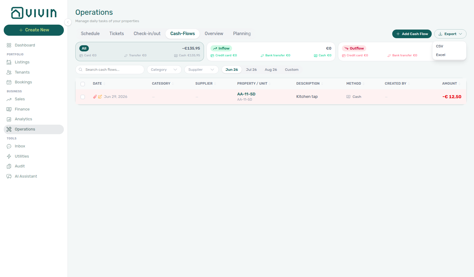 Operations Cash Flows — Export menu (CSV / Excel) on the Cash Flows tab; download reflects current filters and sort