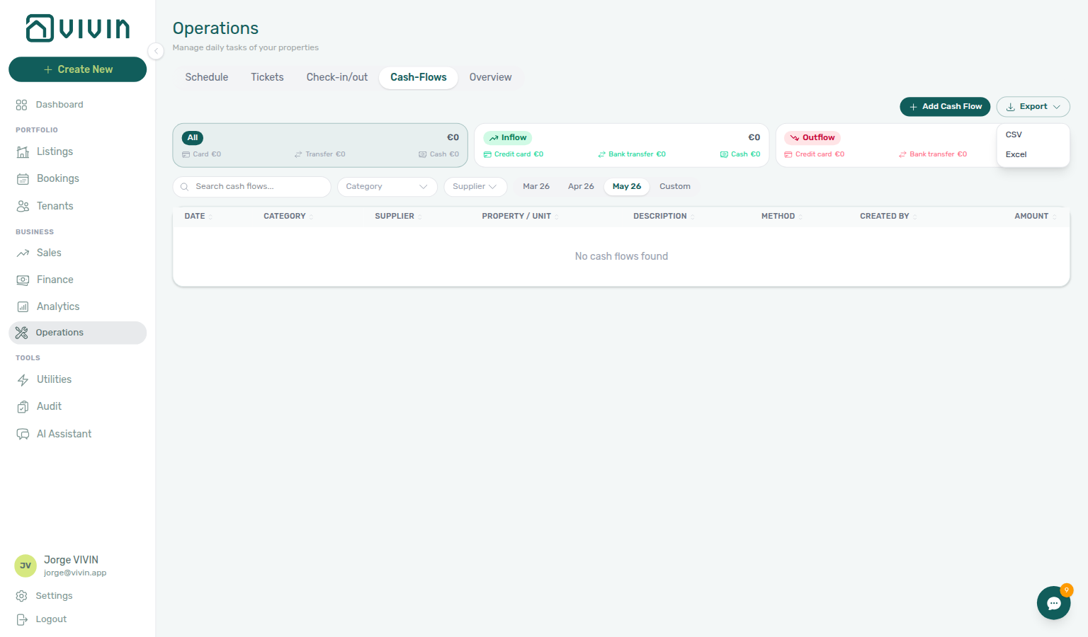 Operations Cash Flows — Export menu (CSV / Excel) on the Cash Flows tab; download reflects current filters and sort