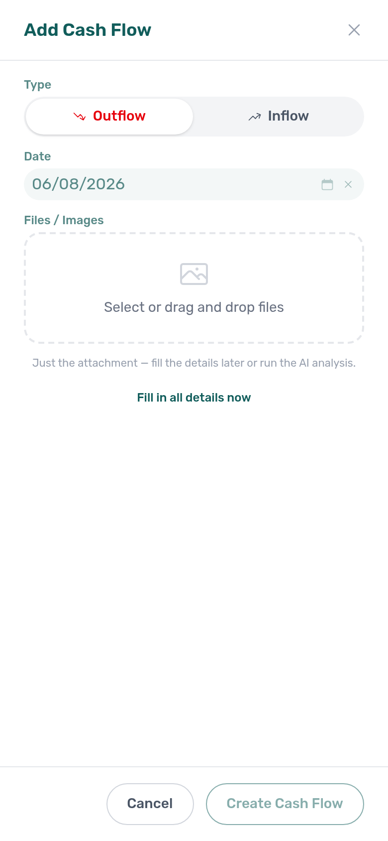 Operations — Add Cash Flow on mobile in attachment-only quick mode