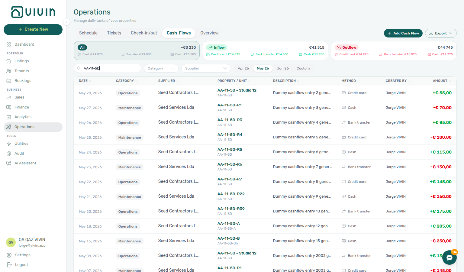 Operations Cash Flows — toolbar Search narrowed by unit internal name (unit matches ranked first)