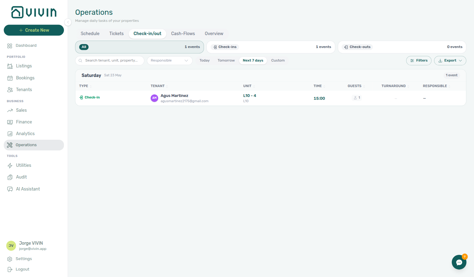 Check-in &amp; Check-out tab — date quick filters, search, responsible filter, Filters, and Export on the toolbar