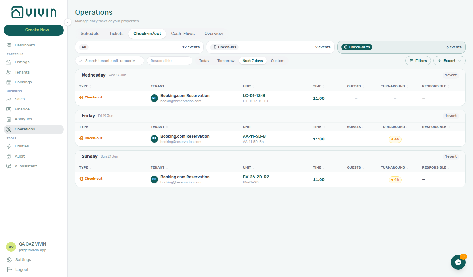 Operations — Check-in &amp; Check-out tab, Check-outs pill with Next 7 days and grouped departure rows
