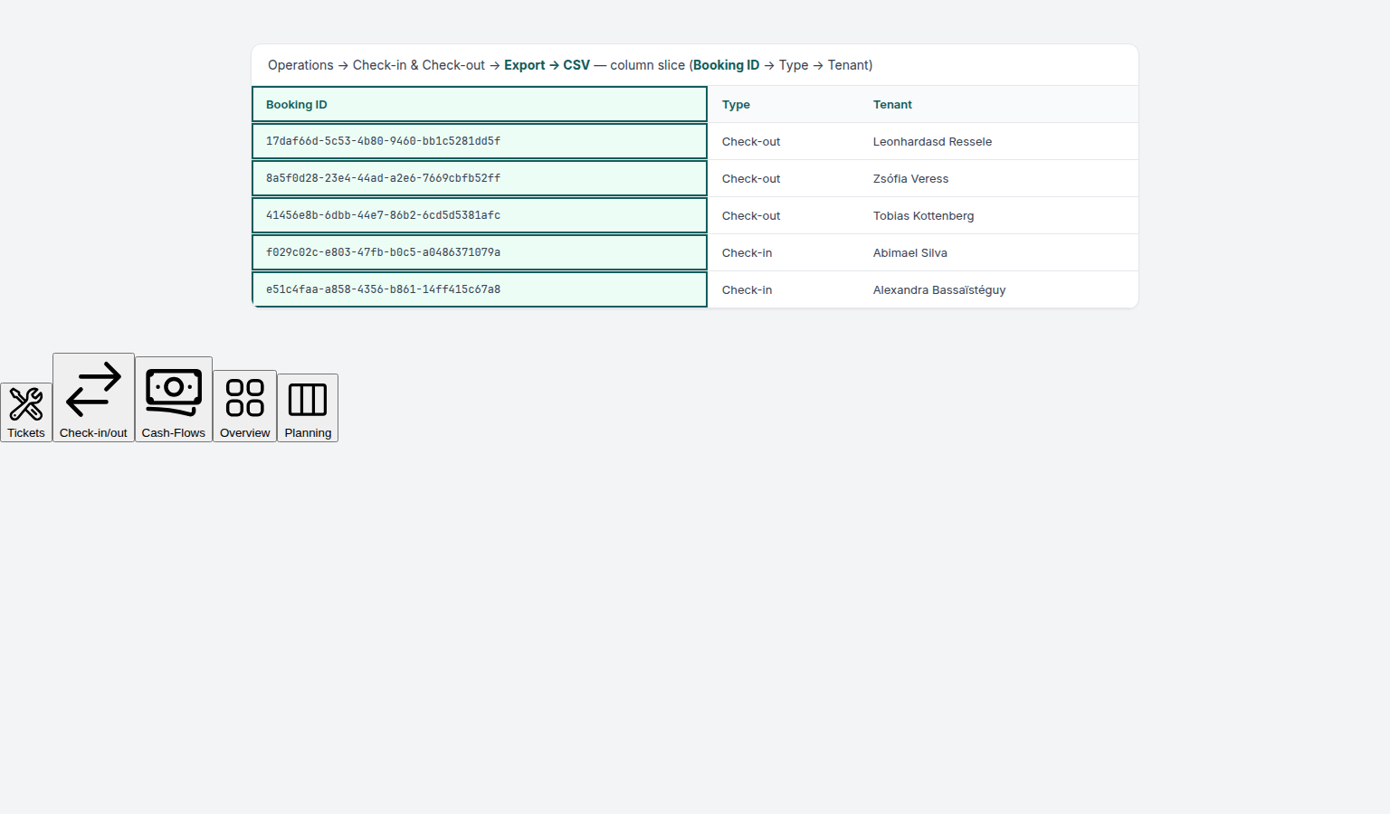 Operations Check-in &amp; Check-out — CSV export column slice highlighting Booking ID as the first column before Type and Tenant