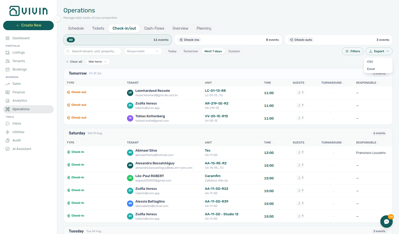 Operations Check-in &amp; Check-out — Export menu (CSV / Excel); download reflects current filters