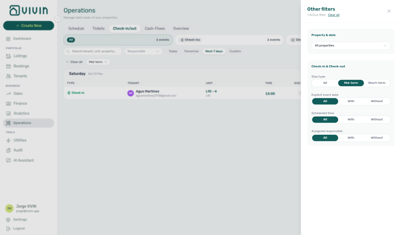 Operations Check-in &amp; Check-out — Export menu (CSV / Excel); download reflects current filters