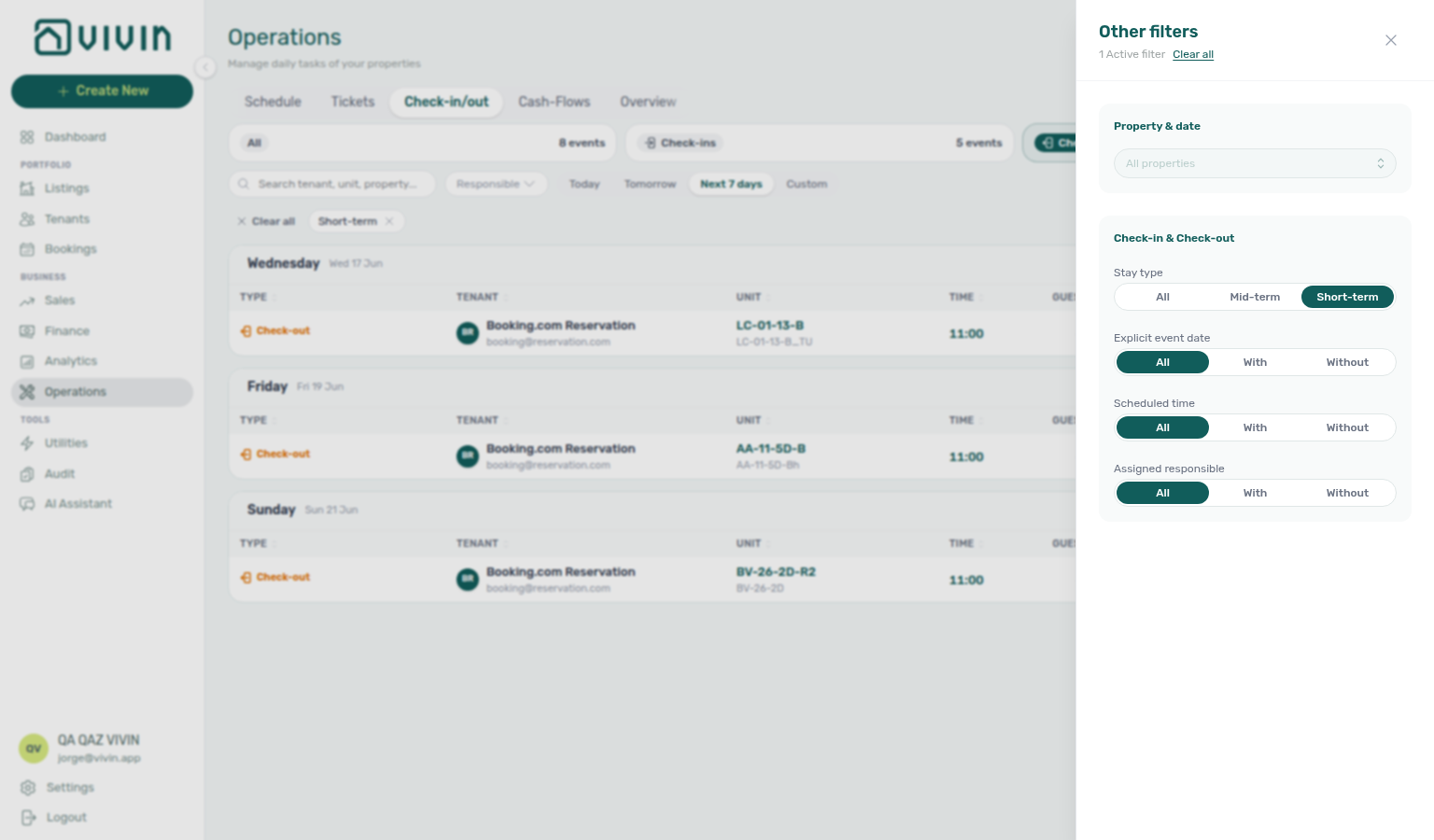 Operations Check-in &amp; Check-out — Other filters drawer with Stay type Short-term selected (iCal pseudo rows such as Booking.com Reservation visible in the list)