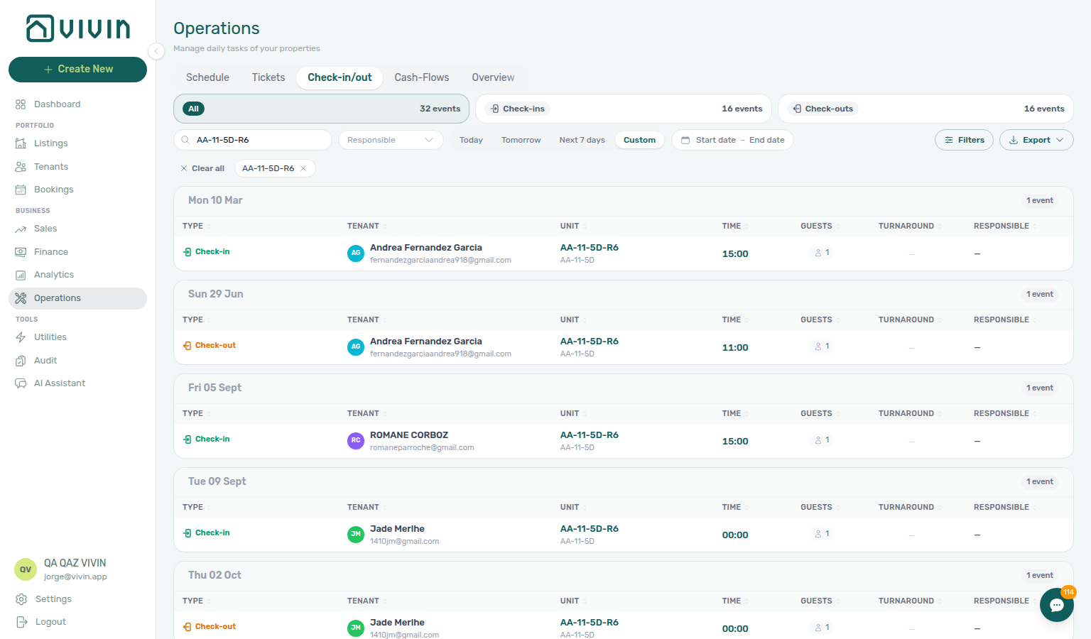 Operations Check-in &amp; Check-out — toolbar Search narrowed by unit internal name (unit matches ranked first)