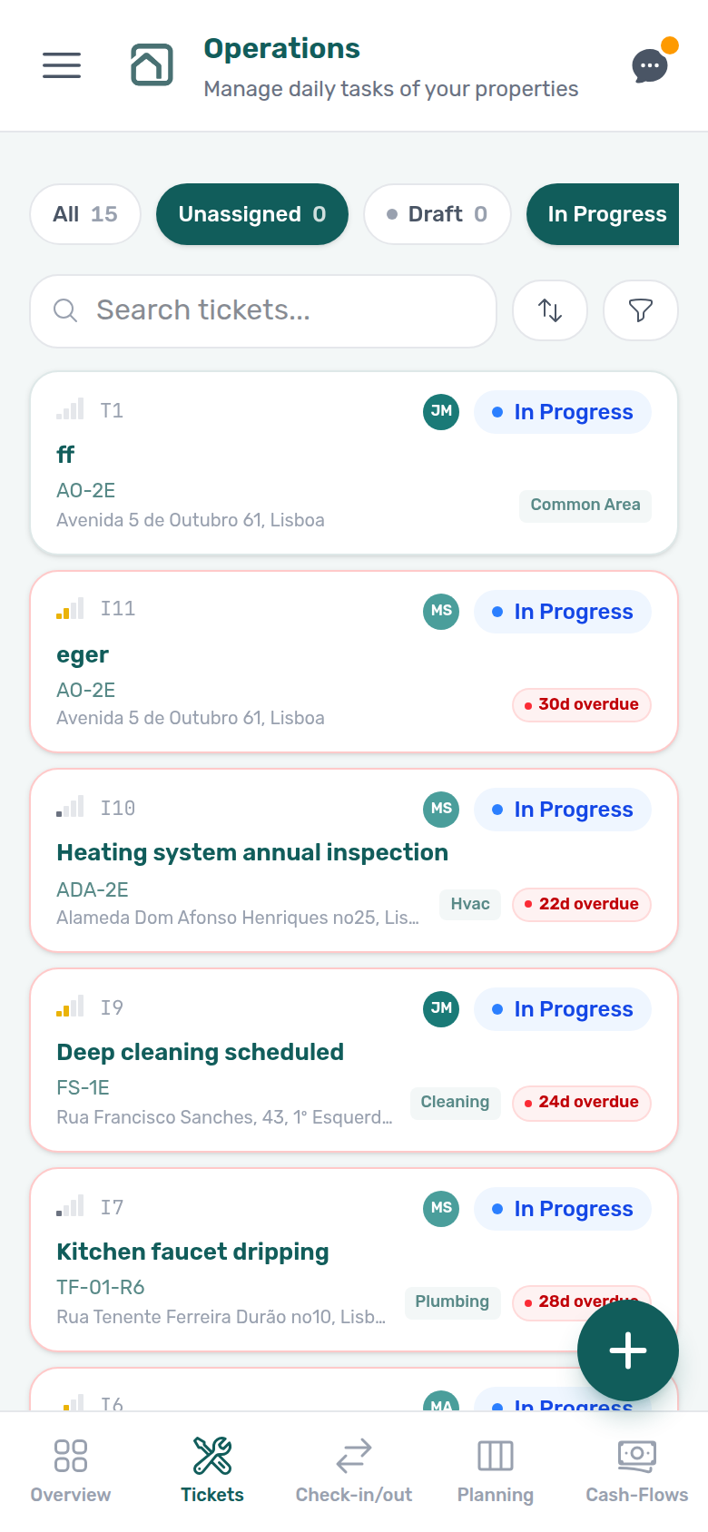 Operations — Tickets tab on a phone with bottom tabs including Planning, plus the floating add control