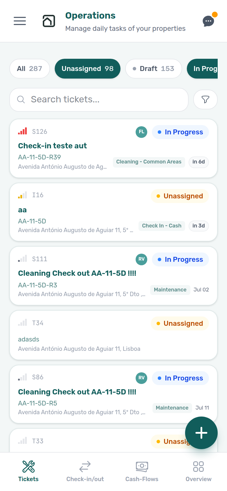 Operations — Tickets tab on a narrow viewport with bottom tab navigation and the floating add control