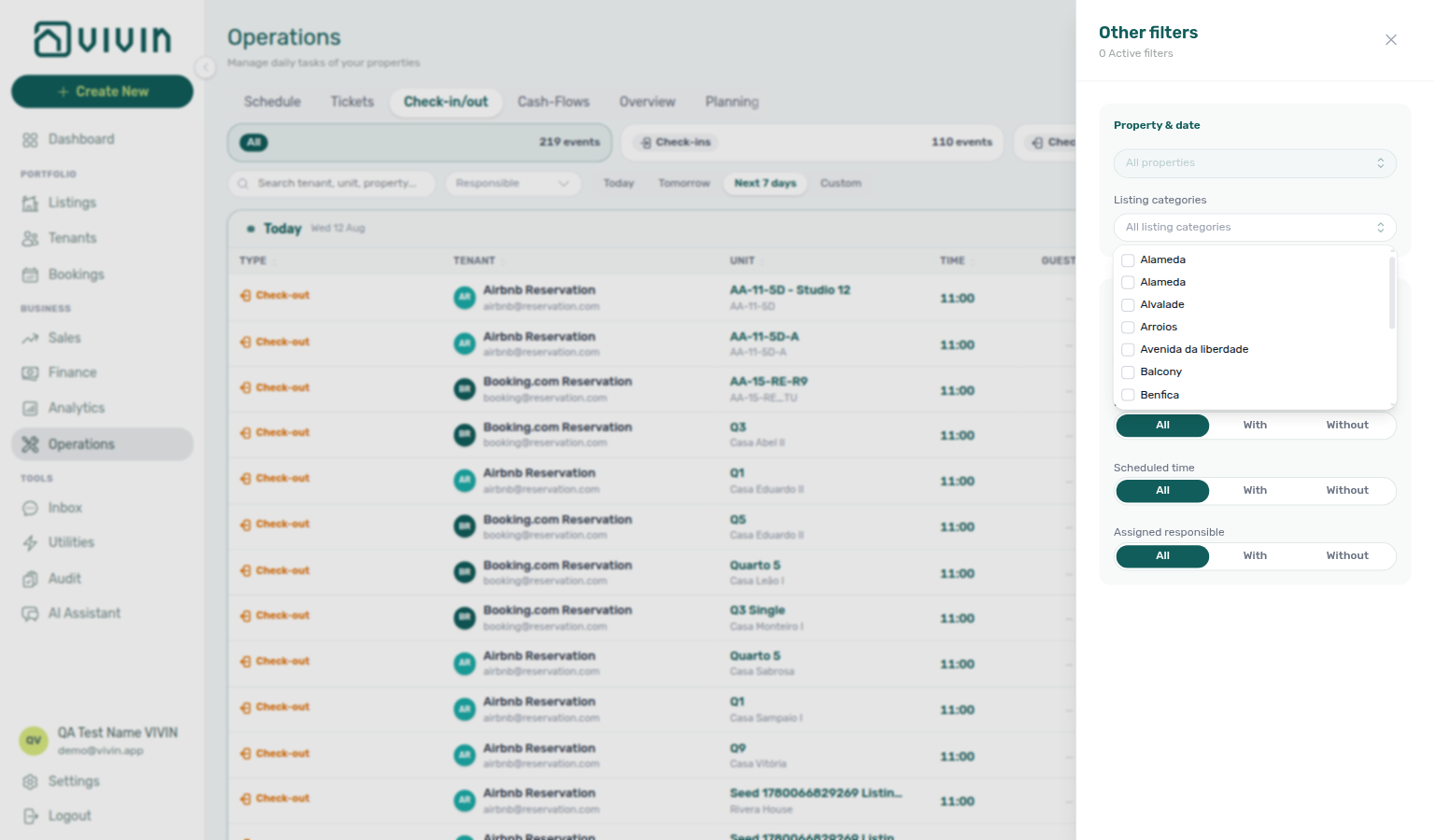 Operations — Listing categories multi-select open with tag checkboxes