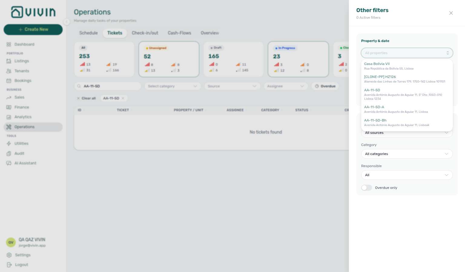 Operations — Other filters drawer, Property &amp; date section with paged property picker open after server search (example AA-11-5D)