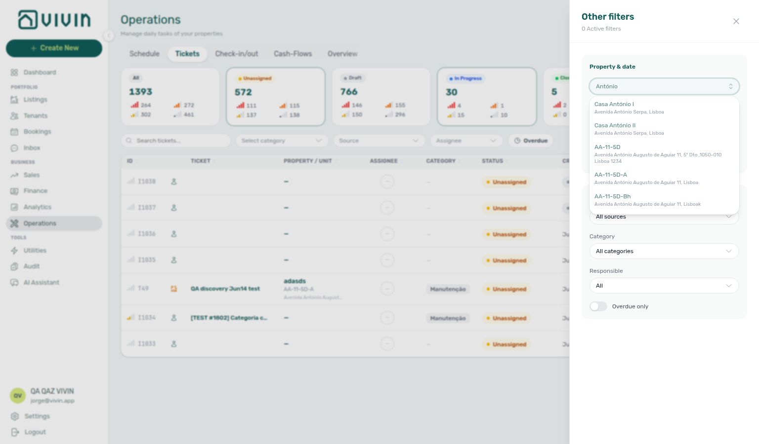 Operations — Other filters Property picker after server search (internalName matches ranked above address-only hits, example António)