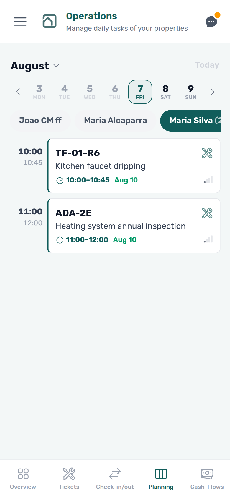 Operations Planning on phone — person pills and Maria Silva’s timed day list