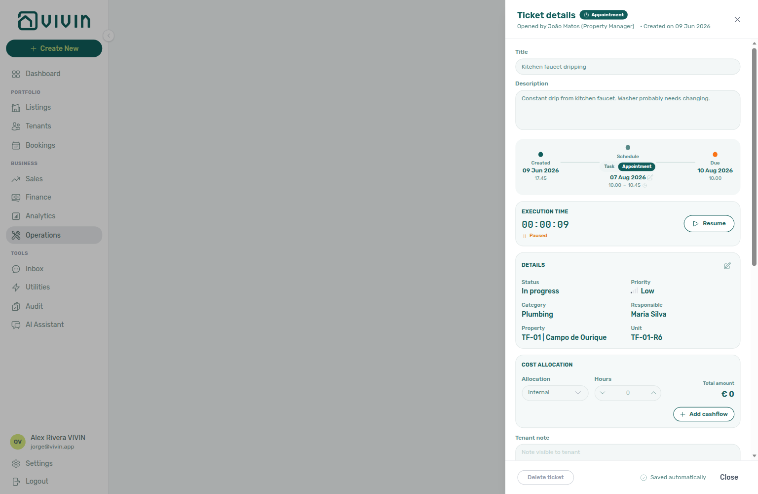 Operations Planning — Ticket details sidebar opened from a Planning appointment card