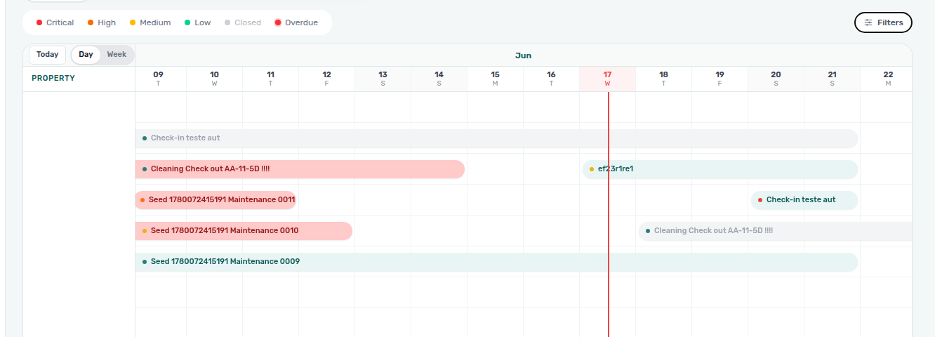 Operations Schedule tab — Day view with wider day columns, Today centred, and ticket bars on a single property row (example property AA-11-5D)