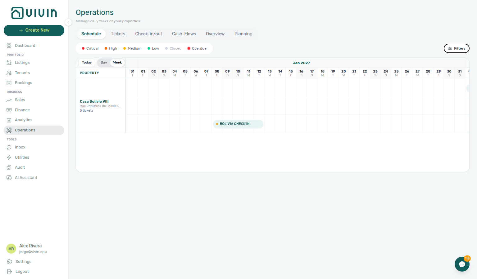Operations Schedule tab — Week view with Casa Bolívia VIII name, address, and ticket count fully readable beside January check-in bars