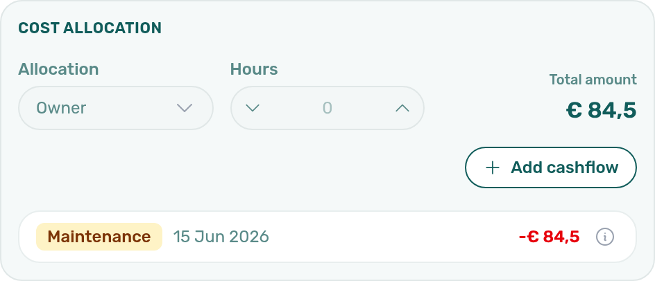 Operations — Ticket details Cost allocation panel with linked cash flow row and signed total