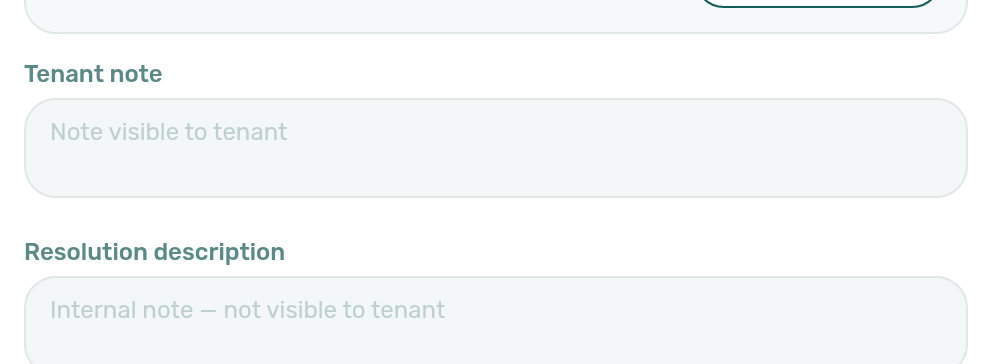 Operations — Ticket details sidebar scrolled to Tenant note and Resolution description fields