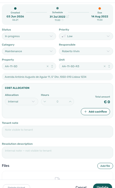 Operations — Ticket details sidebar with Resolution description field focused (internal-only)
