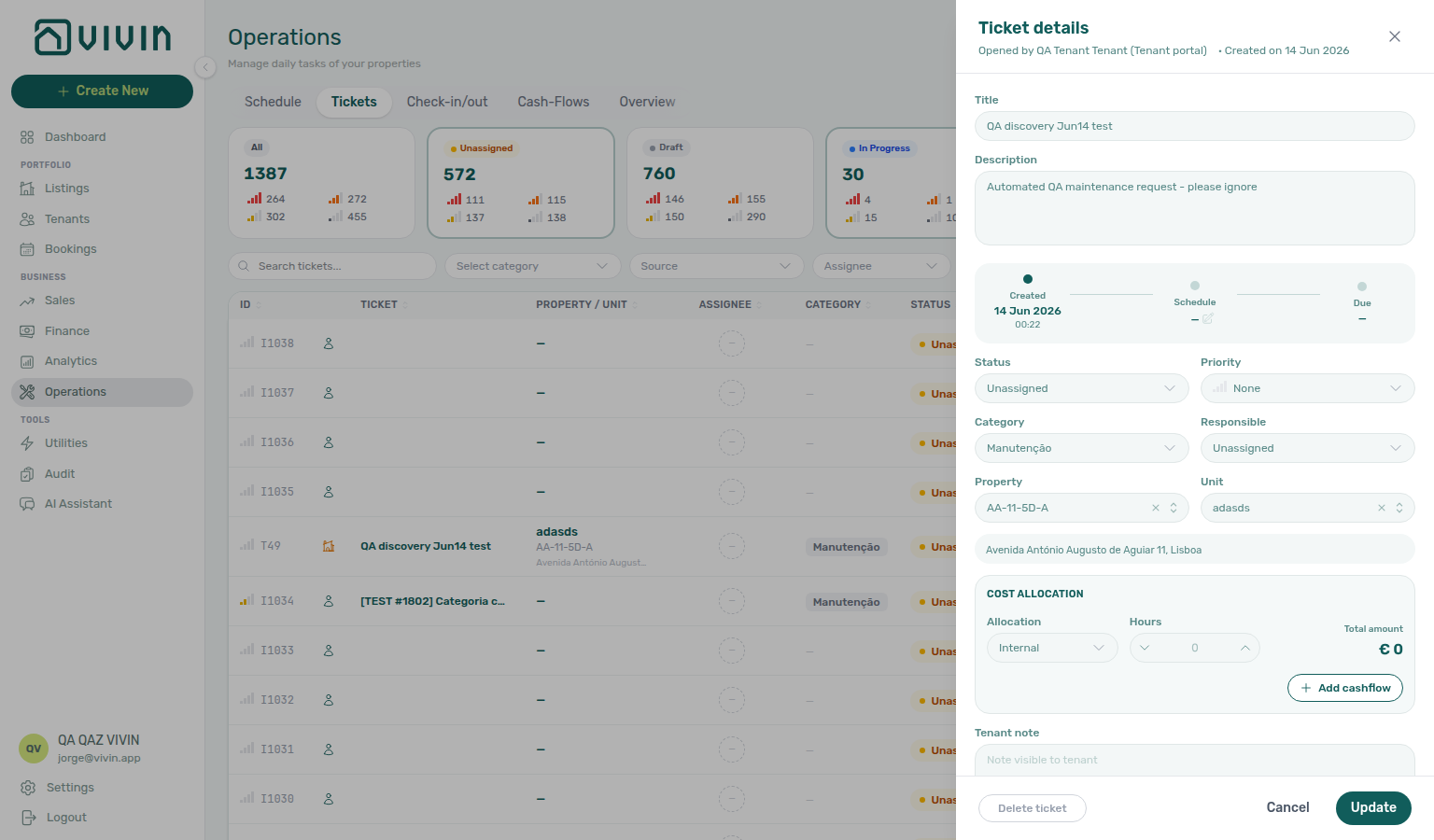 Operations — Ticket details sidebar with status fields, cost allocation, and Update action