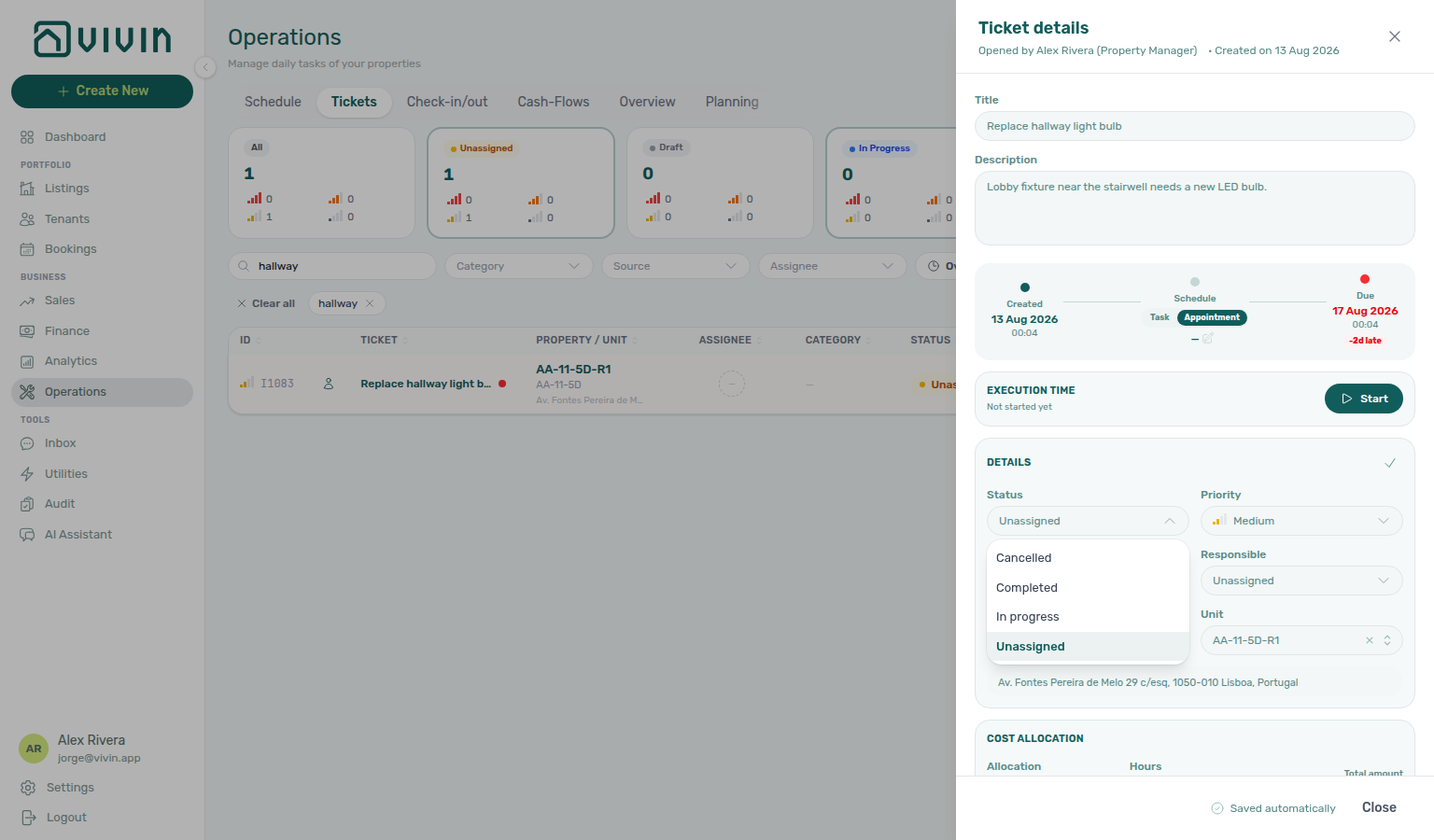 Operations Tickets — Ticket details Status menu: Unassigned, In progress, Completed, Cancelled (no Open)