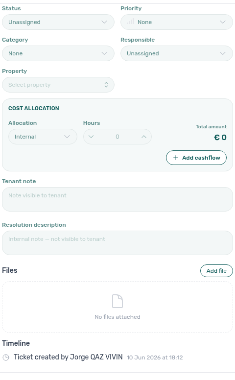 Operations — Ticket details sidebar, Timeline panel with change-log rows and timestamps
