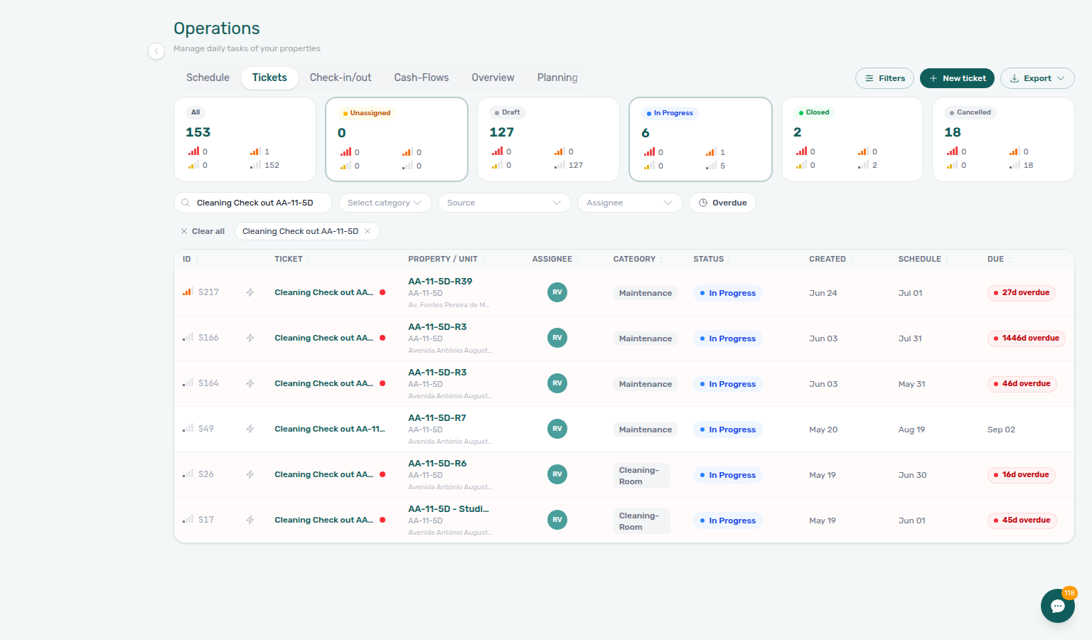 Operations Tickets — Cleaning Check out search results with PROPERTY / UNIT column for AA-11-5D rooms